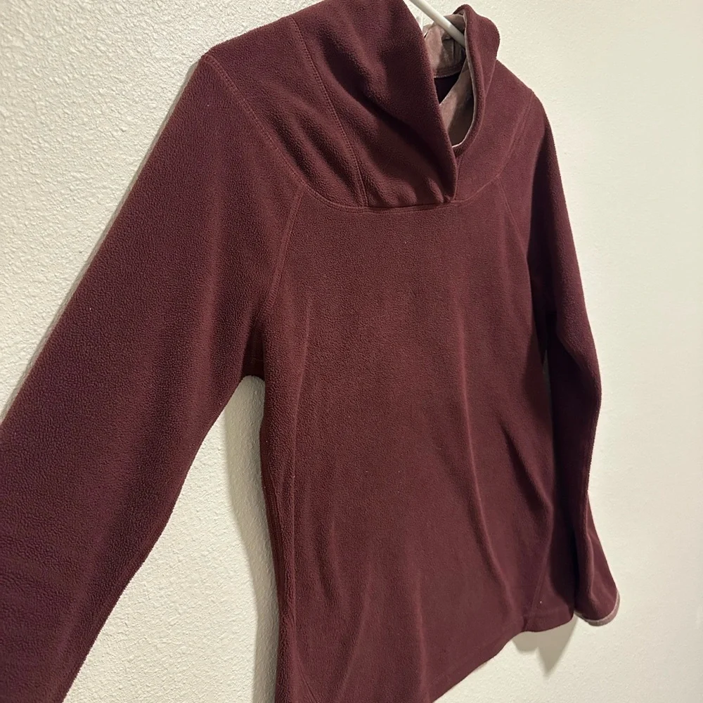 prAna Women's Burgundy Maroon Funnel Cowl Neck Fleece Velvet Lined Pullover - Picture 2 of 7